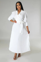 Polo-Collar Long-Sleeve Pleated Dress