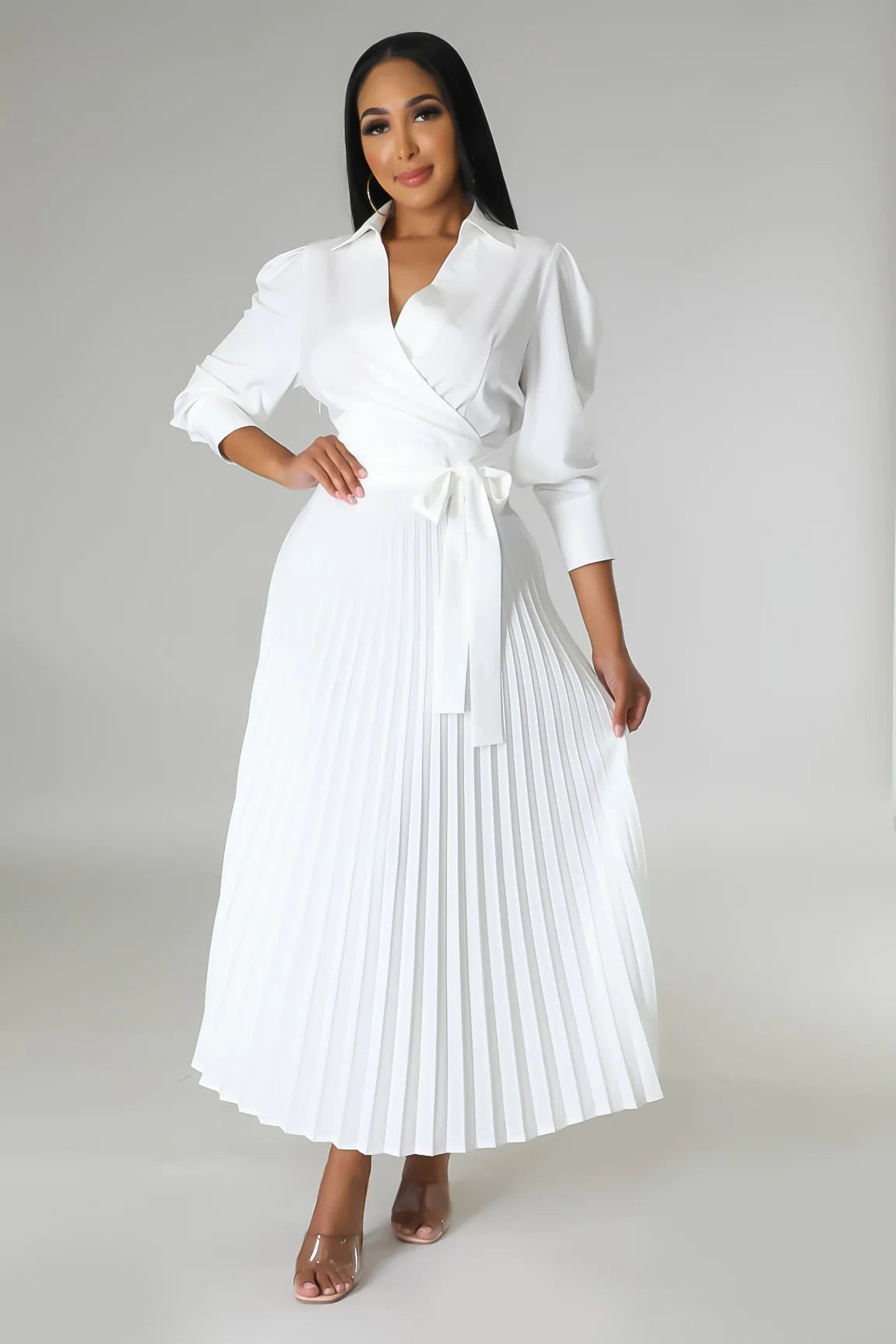 Polo-Collar Long-Sleeve Pleated Dress