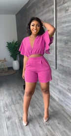 Ruffled Short V-Neck Top Casual Shorts Summer Two-Piece Set