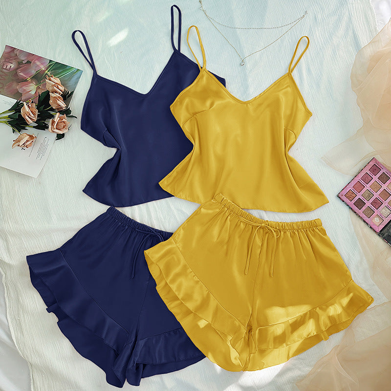 Women's Home Two-Piece Pajamas Artificial Silk Camisole Shorts Suit Sleeveless Pajama