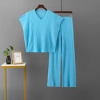 Plus Size Pullover V-Neck Loose Solid Color Top Pleated Wide Leg Trousers Knitted Two-Piece Set