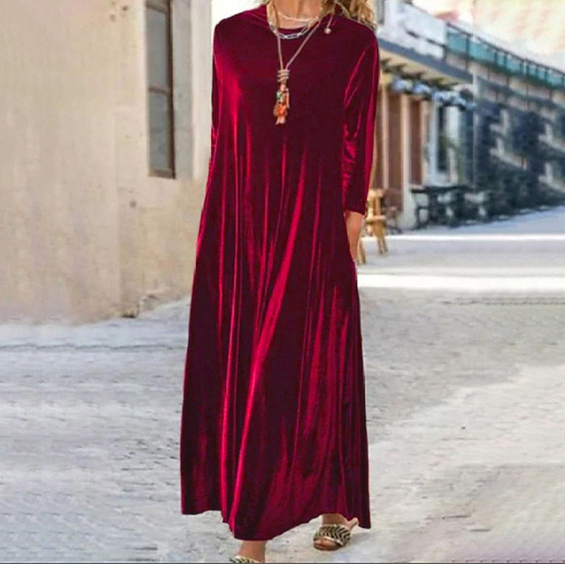 Spring Gold Velvet Crew Neck Maxi Dress
