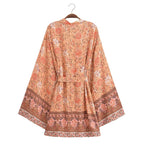 Rayon Printed Cardigan Loose Sleeves Short Lace Up Kimono