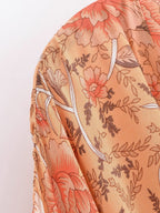 Rayon Printed Cardigan Loose Sleeves Short Lace Up Kimono