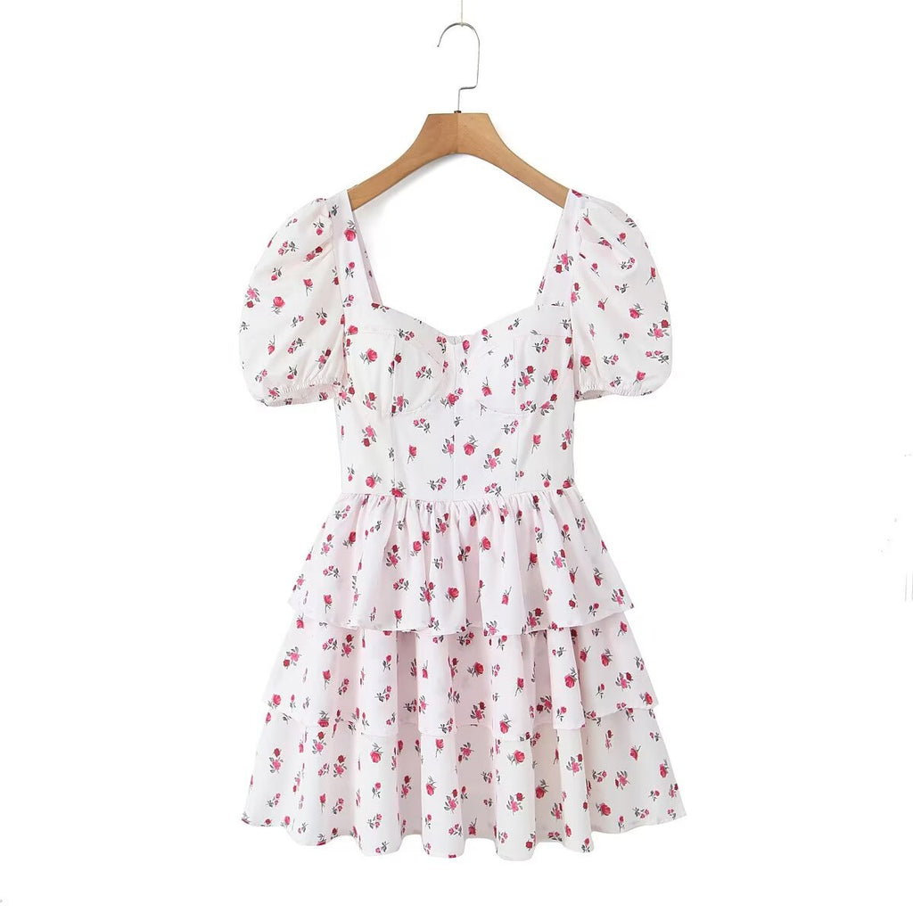 Floral V-Neck Puff-Sleeve Tiered Mini Dress