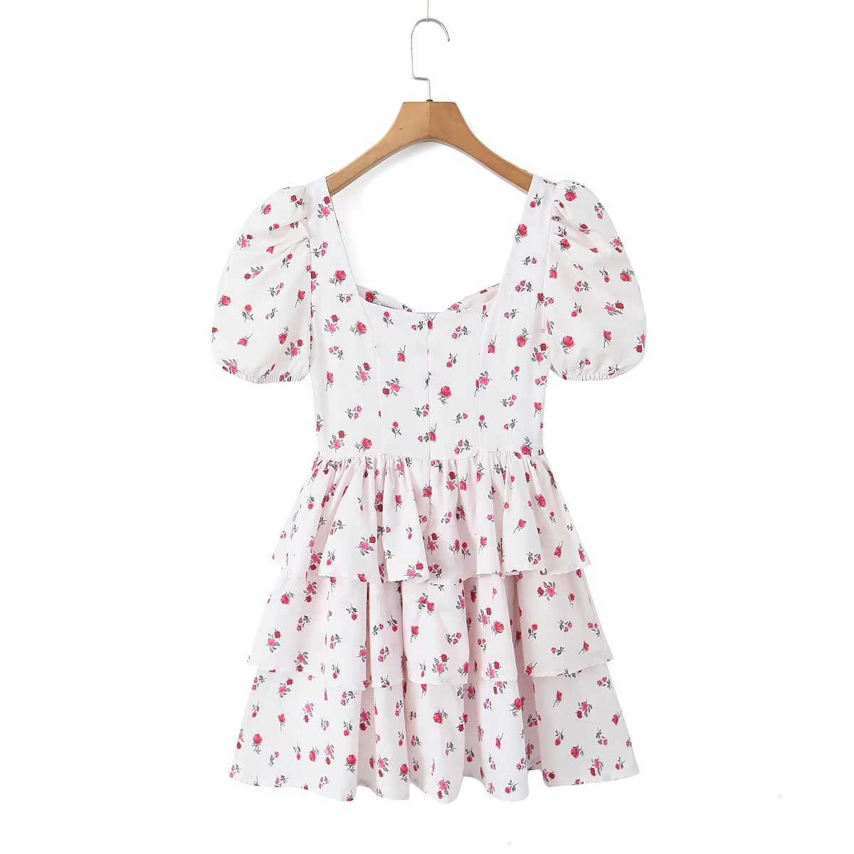 Floral V-Neck Puff-Sleeve Tiered Mini Dress
