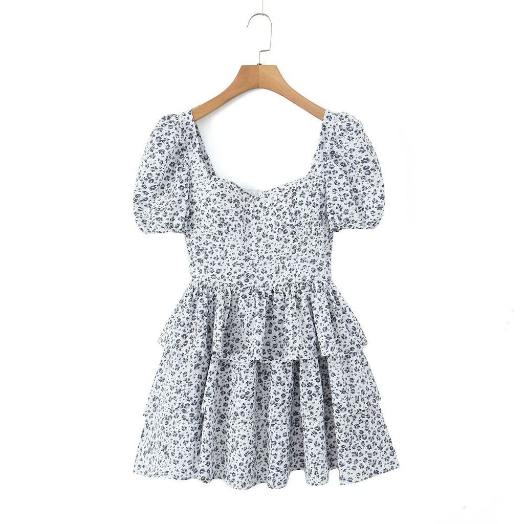 Floral V-Neck Puff-Sleeve Tiered Mini Dress