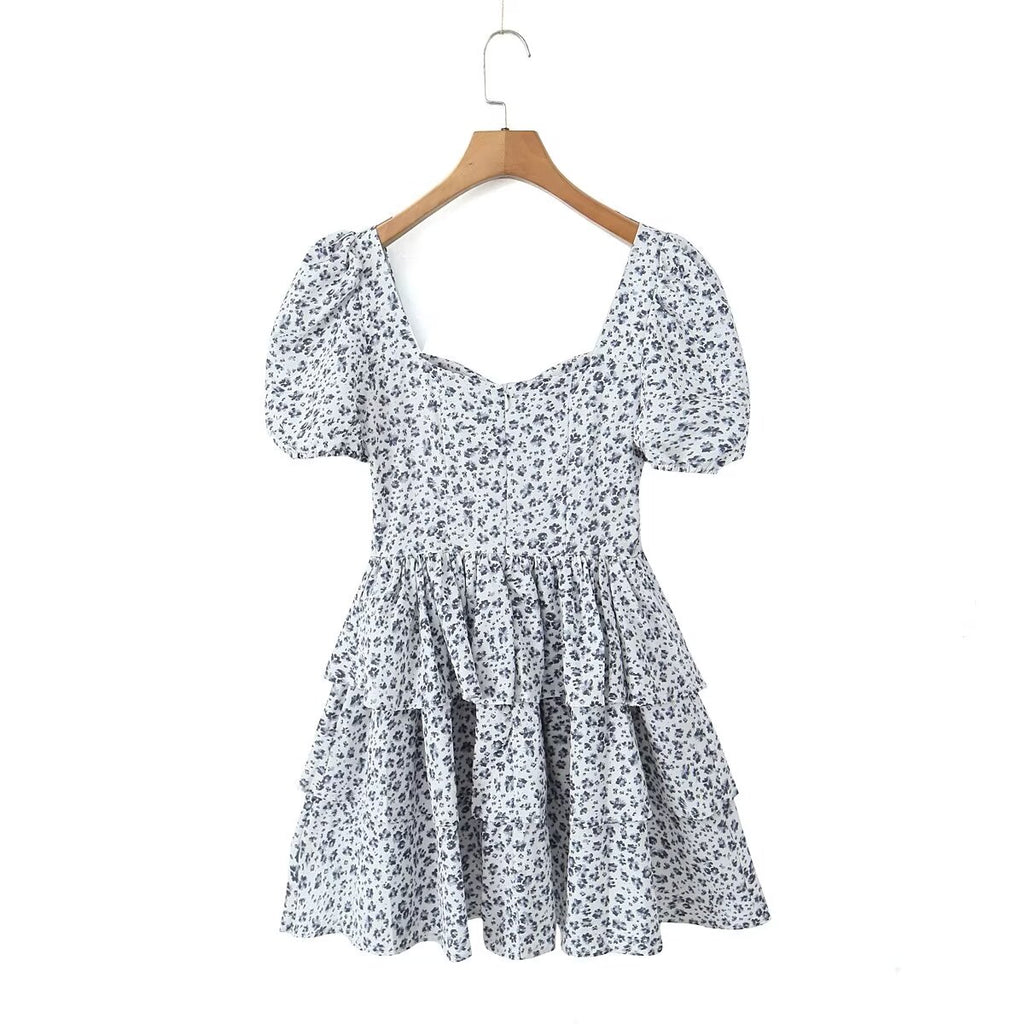 Floral V-Neck Puff-Sleeve Tiered Mini Dress