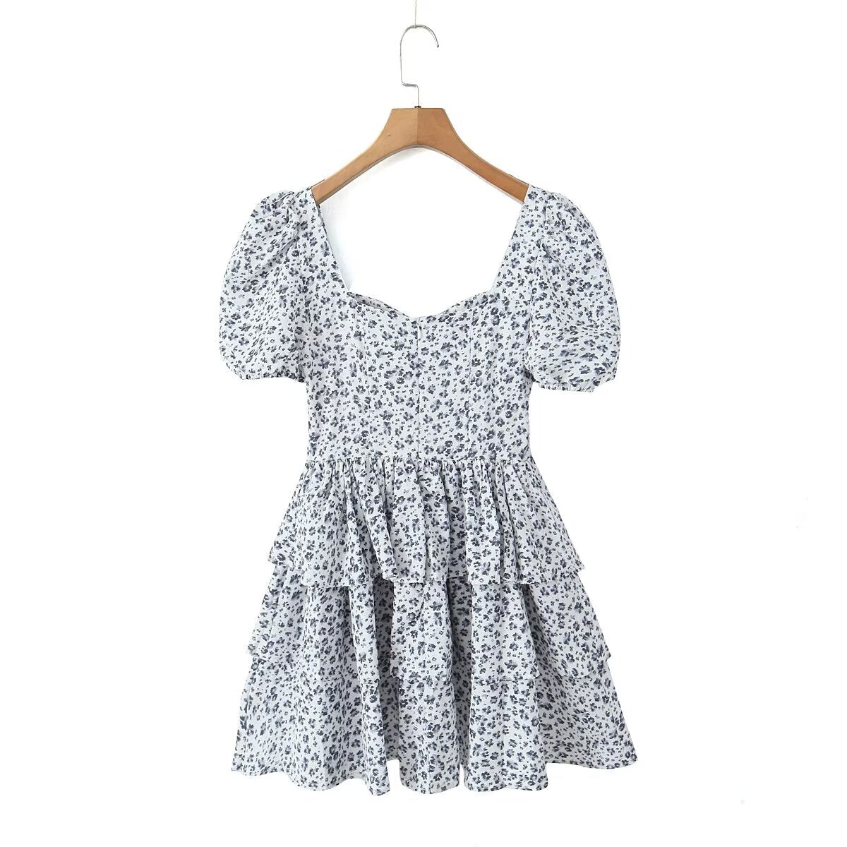 Floral V-Neck Puff-Sleeve Tiered Mini Dress