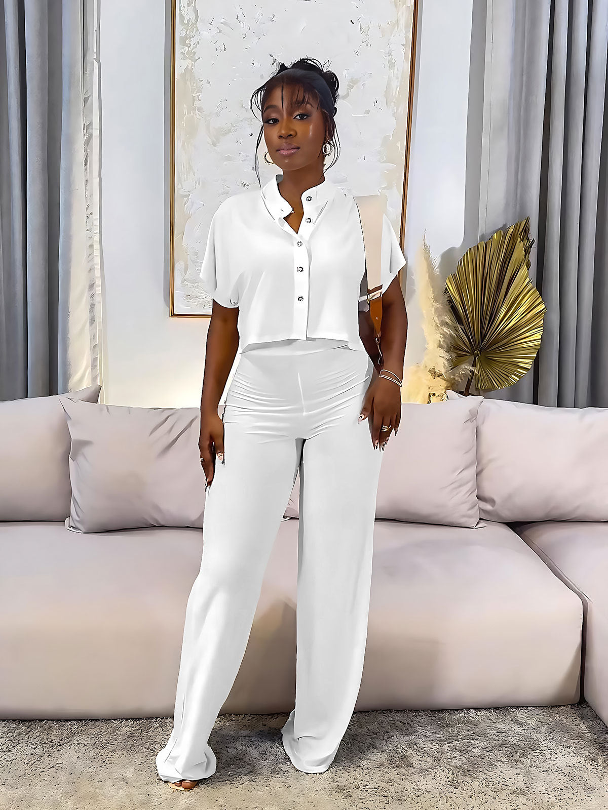 Short Cardigan Top Solid Color Straight Trousers Casual Two-Piece Set