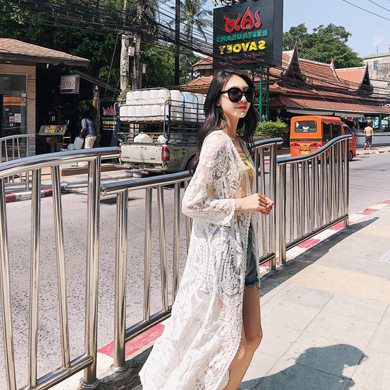 White mesh one-piece swimwear with long lace sleeves, loose A-line silhouette