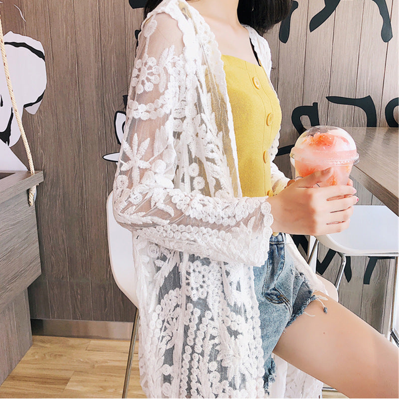 White lace mesh one-piece swimwear with long sheer sleeves and floral embroidery
