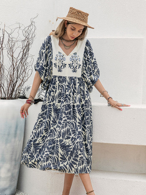 Floral Print Loose Waist Collar V neck Holiday Dress