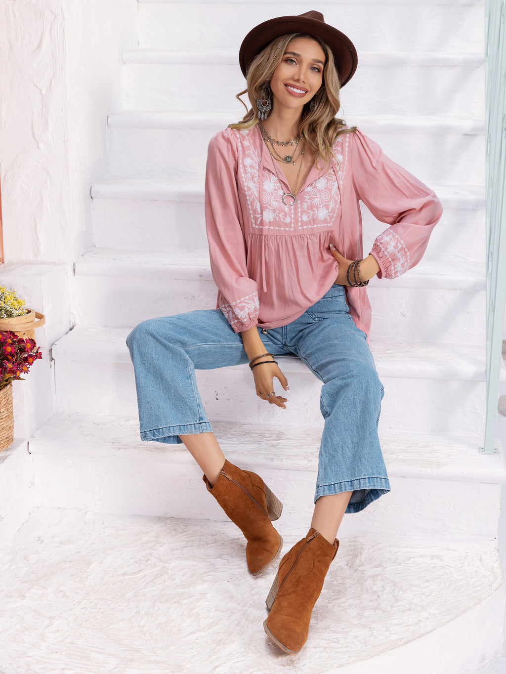 Women’s Pink Floral Embroidered Lantern Sleeve Blouse
