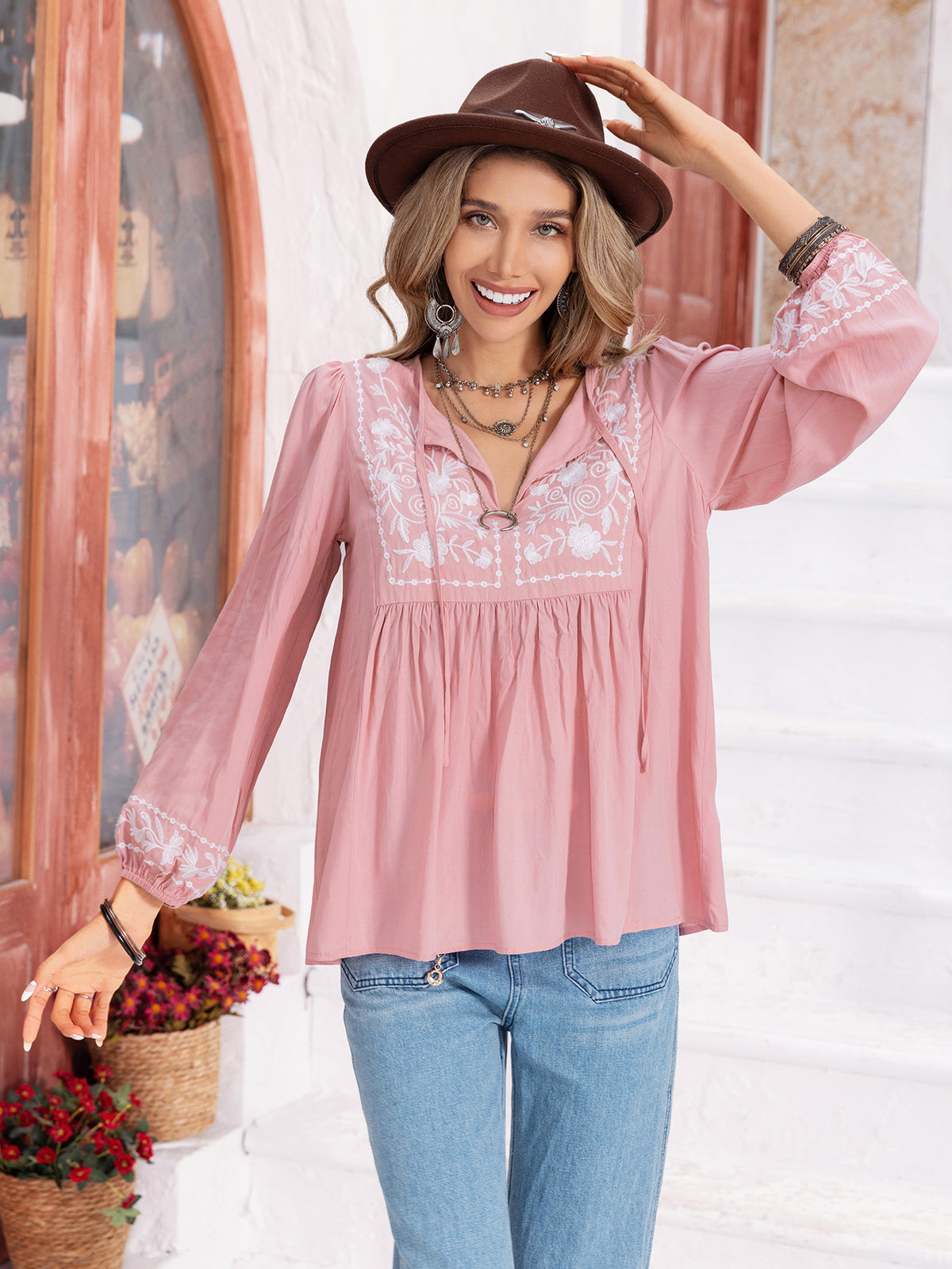 Women’s Pink Floral Embroidered Lantern Sleeve Blouse