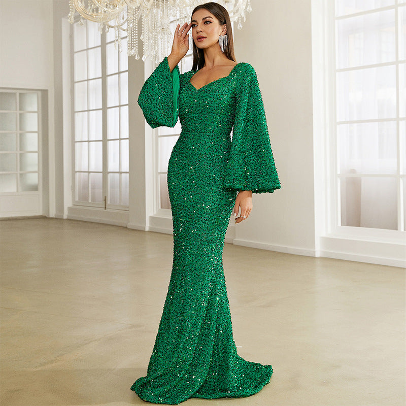 Women's Elegant Sequ Toast Mid Length Solid Color V Neck Evening Dress