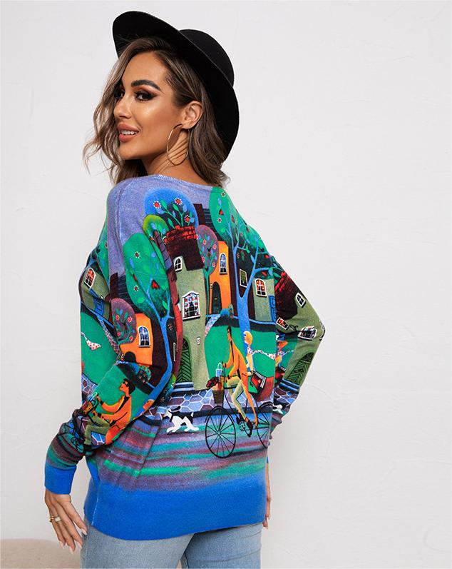Women’s Green Graphic Print Crew Neck Sweater