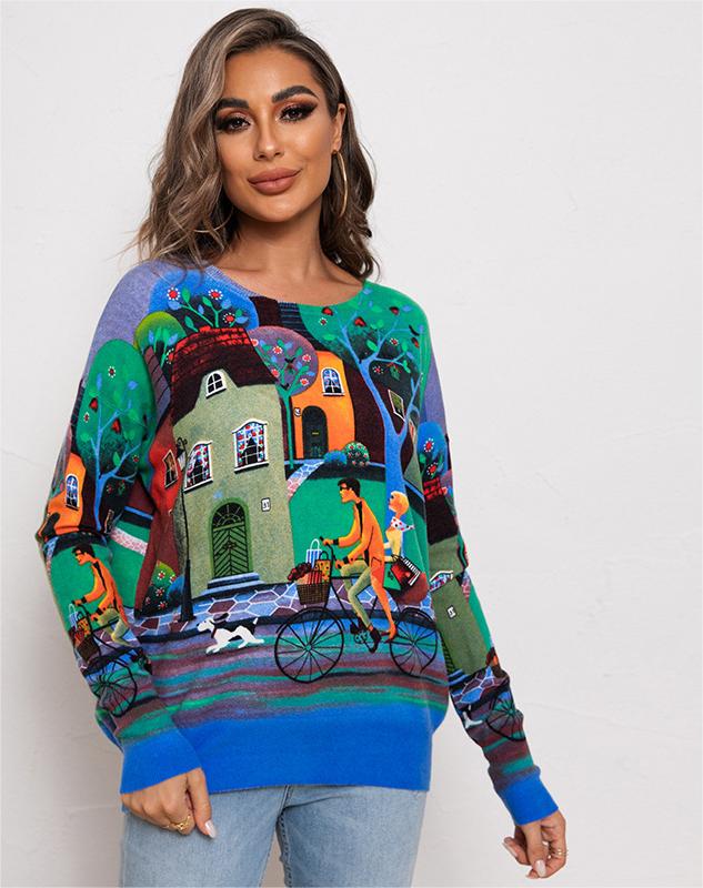 Women’s Green Graphic Print Crew Neck Sweater