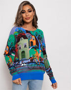 Women’s Green Graphic Print Crew Neck Sweater