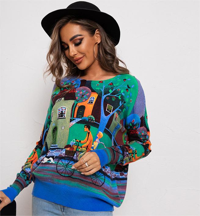 Women’s Green Graphic Print Crew Neck Sweater