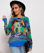 Women’s Green Graphic Print Crew Neck Sweater