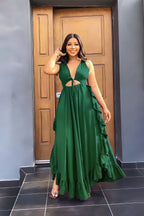 Women's Halter Backless Ruffled A-Line Maxi Dress