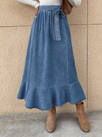 Women's High-Waisted Pleated Denim Midi Skirt