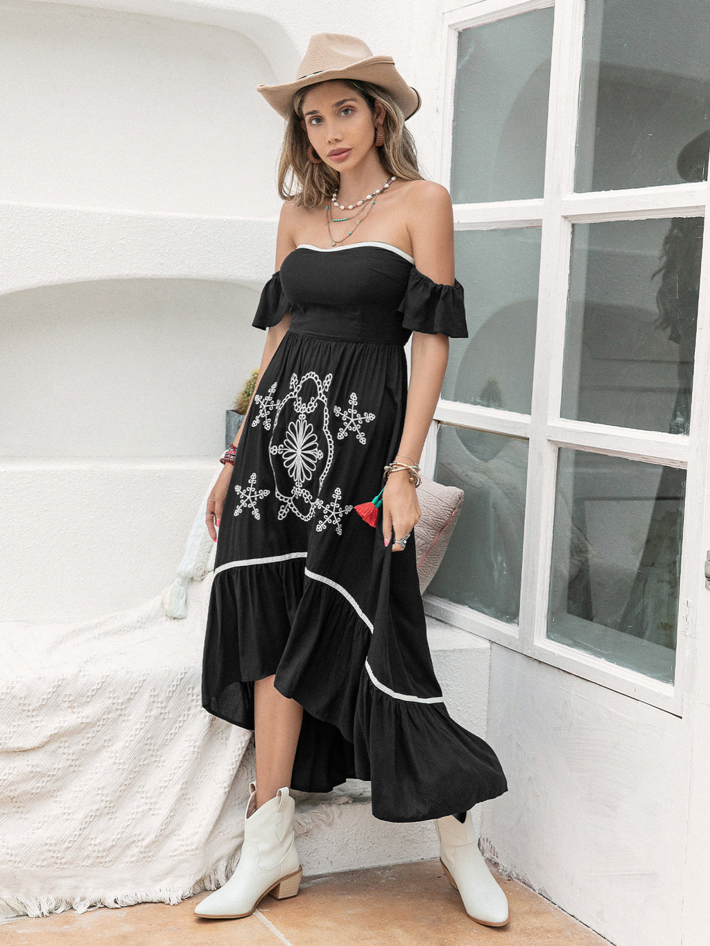 Women's Off-Shoulder Floral Embroidered Smocked Dress