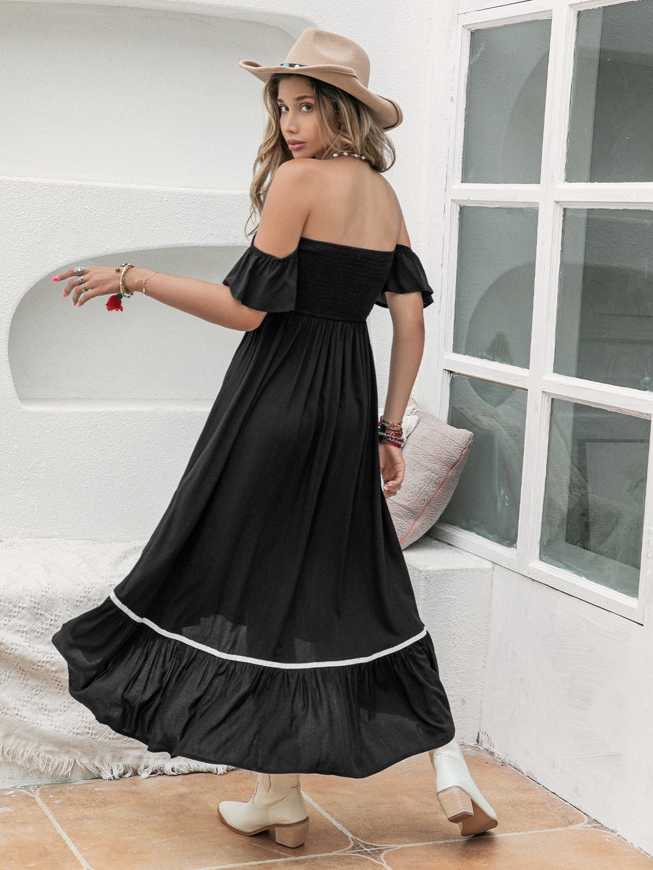 Women's Off-Shoulder Floral Embroidered Smocked Dress