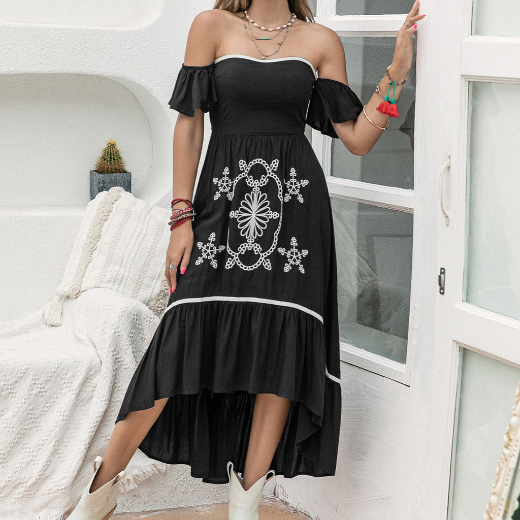 Women's Off-Shoulder Floral Embroidered Smocked Dress