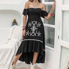 Women's Off-Shoulder Floral Embroidered Smocked Dress