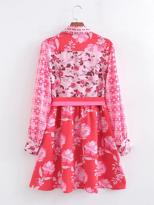 Winter Women Clothing Printing Collared Single Breasted Belt Long Sleeve Dress