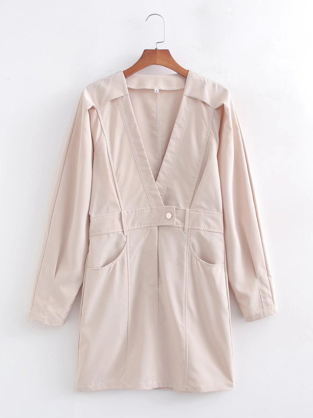 Spring Women Clothing Solid Color V neck Long Sleeve Dress