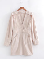 Spring Women Clothing Solid Color V neck Long Sleeve Dress