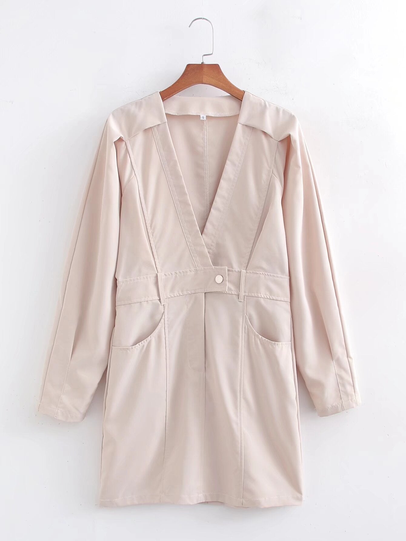 Spring Women Clothing Solid Color V neck Long Sleeve Dress