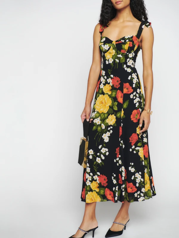 Women's Spring Floral Printed Sexy Slim Fit Slimming Lace Up Bow Suspenders Mid Length Dress