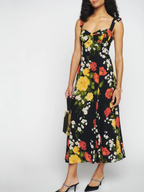 Women's Spring Floral Printed Sexy Slim Fit Slimming Lace Up Bow Suspenders Mid Length Dress