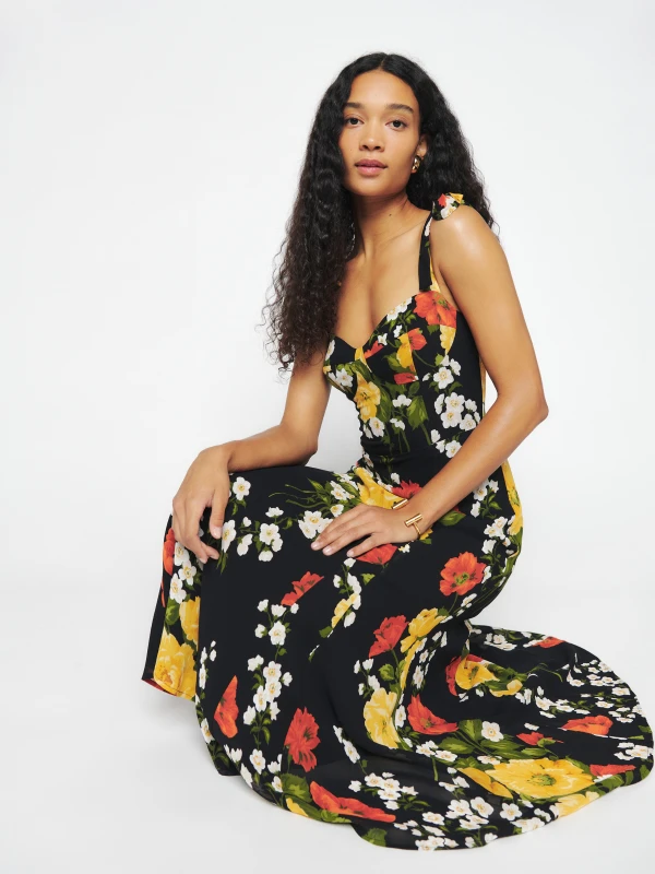 Women's Spring Floral Printed Sexy Slim Fit Slimming Lace Up Bow Suspenders Mid Length Dress