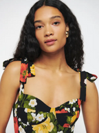 Women's Spring Floral Printed Sexy Slim Fit Slimming Lace Up Bow Suspenders Mid Length Dress