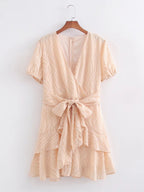Spring Elegant Slightly Mature V-Neck Lace-Up Short Sleeve Dress