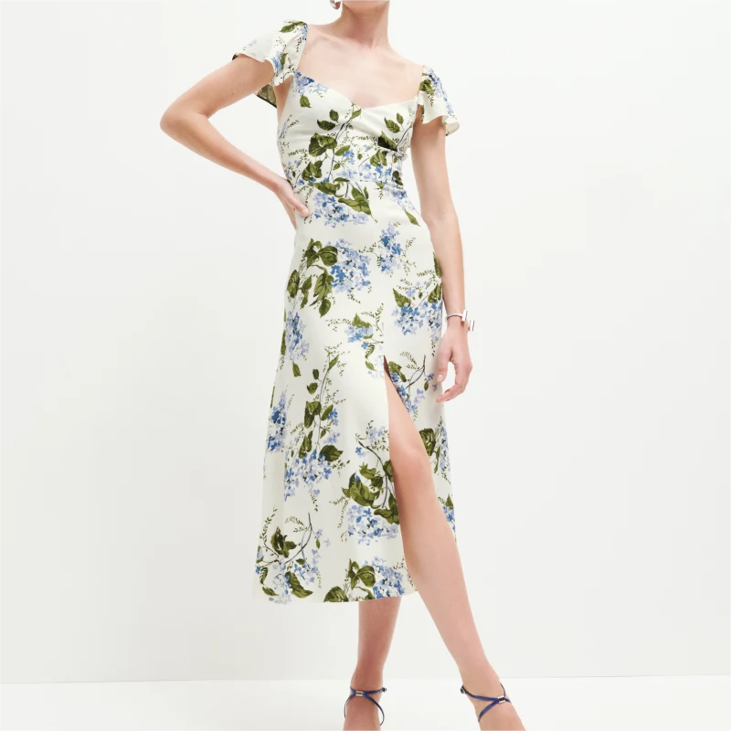 Floral Side-Slit Spaghetti-Strap Dress
