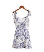 Women's Blue Floral Lace-Up Ruffle Dress