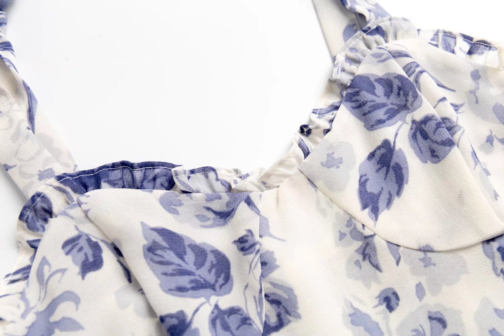 Women's Blue Floral Lace-Up Ruffle Dress