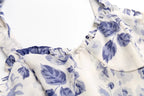 Women's Blue Floral Lace-Up Ruffle Dress