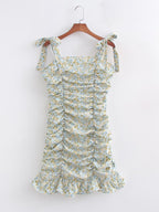 Women's Printed Pleated Strap Spring Dress
