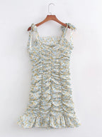 Women's Printed Pleated Strap Spring Dress