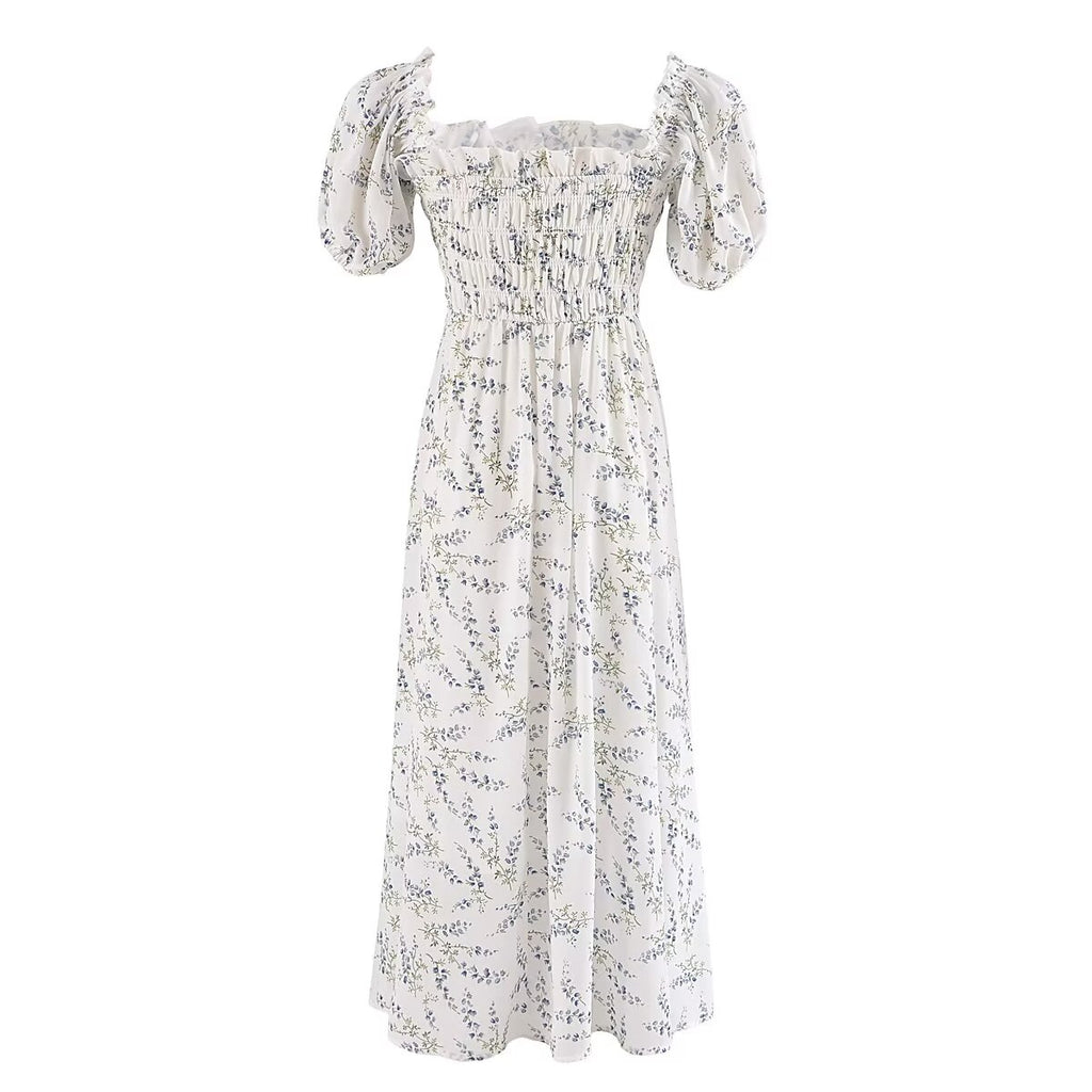 Women's Printed Puff-Sleeve Elastic-Waist Maxi Dress
