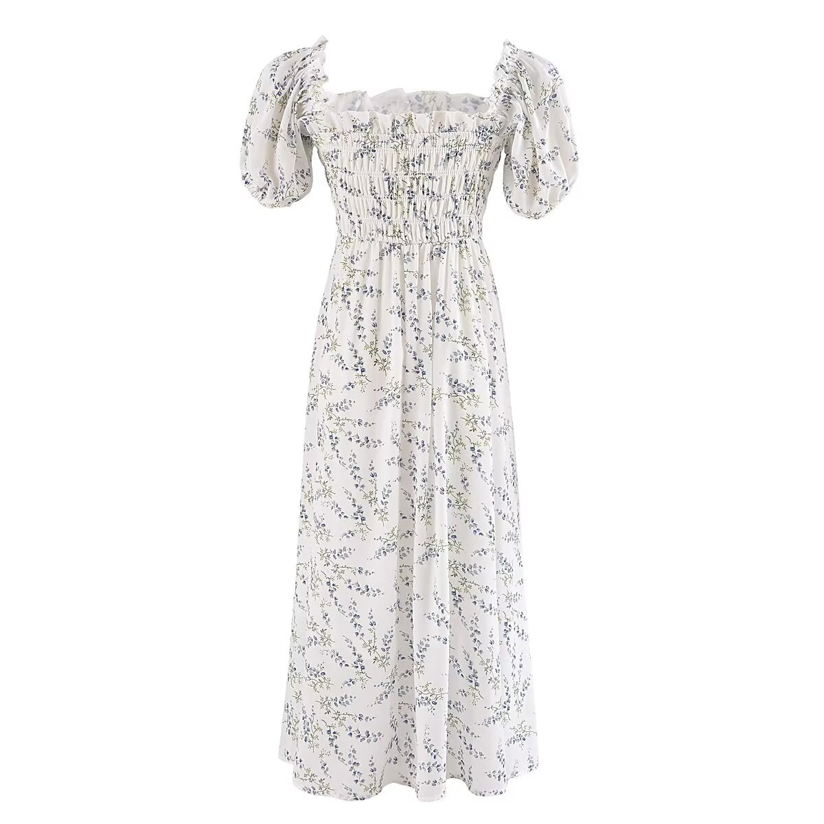 Women's Printed Puff-Sleeve Elastic-Waist Maxi Dress