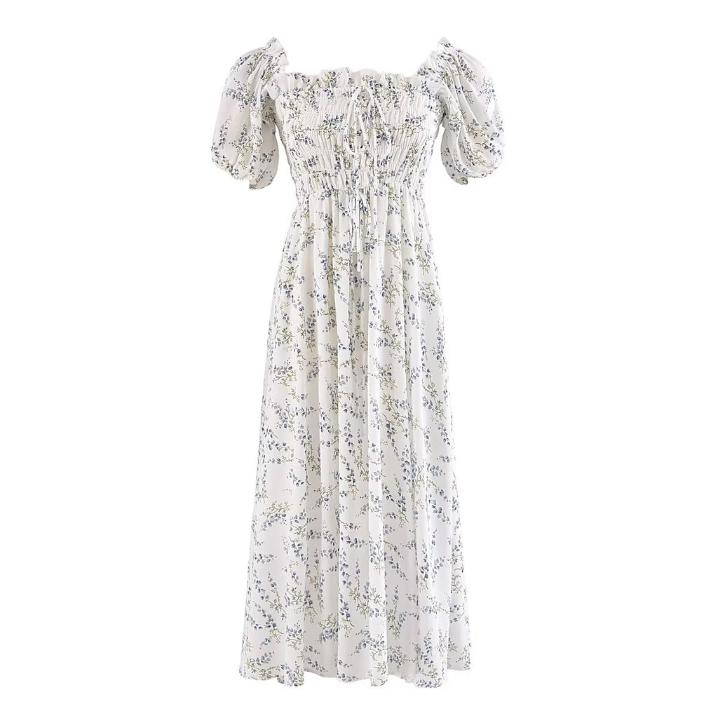 Women's Printed Puff-Sleeve Elastic-Waist Maxi Dress