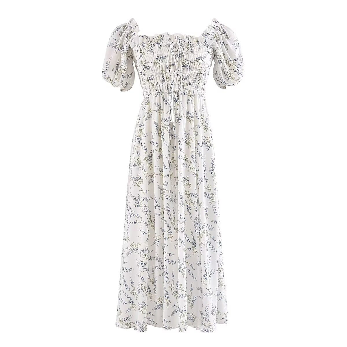 Women's Printed Puff-Sleeve Elastic-Waist Maxi Dress
